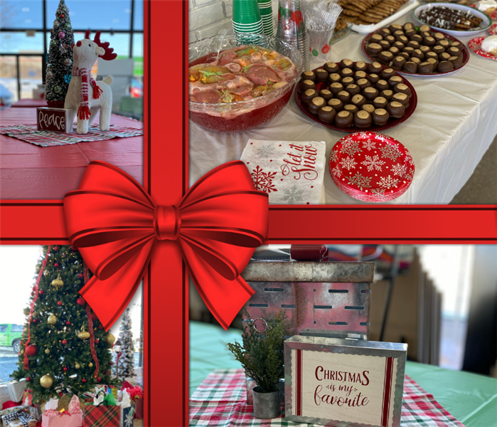 bow with collage in the background of photos that show cookies, staff receiving gifts, and table setup