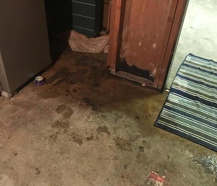 puddle on concrete basement floor with visible stain on wooden cupboards 